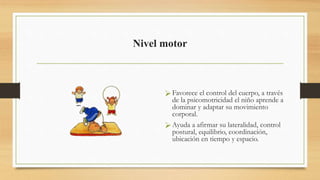 Nivel motor
Favorece el control del cuerpo, a través
de la psicomotricidad el niño aprende a
dominar y adaptar su movimiento
corporal.
Ayuda a afirmar su lateralidad, control
postural, equilibrio, coordinación,
ubicación en tiempo y espacio.
 