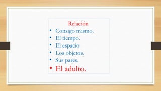Relación
• Consigo mismo.
• El tiempo.
• El espacio.
• Los objetos.
• Sus pares.
• El adulto.
 