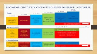 PSICOMOTRICIDAD Y EDUCACIÓN FÍSICA EN EL DESARROLLO INTEGRAL
EDUCACIÓN FÍSICO
DEPORTIVO
DE
PROFUNDIZACIÓN
ALTA
PERFOMANCE
PSICOMOTRIZ
ATENCIÓN
TEMPRANA
EDUCACIÓN
FÍSICA
BÁSICA
EDUCACIÓN
FÍSICA
DIVERSIFICADA
0 – 2 AÑOS
3 - 8 AÑOS
9 – 12 AÑOS
12 – 16, 17 AÑOS
18 – 24 AÑOS
Hasta los
28 o 30 años
Entre los 18 - 20 años……………………………. adelante
DE MANTENIMIENTO
Etapas
I CICLO
Casa
Guarderías
Centros de estimulación
Cuna más
II Ciclo EBR
PREKINDER –
KINDER
III Ciclo EBR
1RO y 2DO grado
primaria
IV y v Ciclo EBR
3ro a 6to grado de
primaria
VI y VII Ciclo de EBR
1RO a 5TO secundaria
Federaciones deportivas
Instituciones de educación
superior: Institutos y
Universidades
Nivel educativo
Juegos sensoriales
actividades de flexión
extensión y rotación de
los segmentos
Actividades orientados a
mejorar las capacidades
motrices, cognitivas y
socio afectivas
Juegos pre deportivos
Juegos recreativos
Juegos populares
Juegos tradicionales
Fundamentos técnicos y
tácticos de los deportes
individuales y colectivos
Eligen el deporte de su
preferencia
Entrenamiento de alta
competencia
Deporte recreativo
Características
 