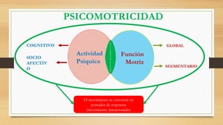 PSICOMOTRICIDAD
Actividad
Psíquica
Función
Motriz
SEGMENTARIO
SOCIO
AFECTIV
O
GLOBAL
COGNITIVO
P
S
I
C
O
M
O
T
R
I
C
I
D
A
D
El movimiento se convierte en
portador de respuesta
(movimiento intencionado)
 