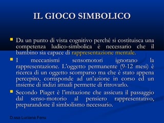 D.ssa Luciana Fenu
IL GIOCO SIMBOLICOIL GIOCO SIMBOLICO
 Da un punto di vista cognitivo perché si costituisca unaDa un punto di vista cognitivo perché si costituisca una
competenza ludico-simbolica è necessario che ilcompetenza ludico-simbolica è necessario che il
bambino sia capace dibambino sia capace di rappresentazione mentale.rappresentazione mentale.
 I meccanismi sensomotori ignorano laI meccanismi sensomotori ignorano la
rappresentazione. L’oggetto permanente (9-12 mesi) èrappresentazione. L’oggetto permanente (9-12 mesi) è
ricerca di un oggetto scomparso ma che è stato appenaricerca di un oggetto scomparso ma che è stato appena
percepito, corrisponde ad un’azione in corso ed unpercepito, corrisponde ad un’azione in corso ed un
insieme di indizi attuali permette di ritrovarlo.insieme di indizi attuali permette di ritrovarlo.
 Secondo Piaget è l’imitazione che assicura il passaggioSecondo Piaget è l’imitazione che assicura il passaggio
dal senso-motorio al pensiero rappresentativo,dal senso-motorio al pensiero rappresentativo,
preparandone il simbolismo necessario.preparandone il simbolismo necessario.
 