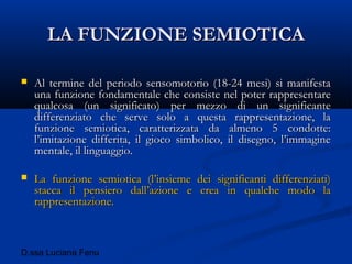 D.ssa Luciana Fenu
LA FUNZIONE SEMIOTICALA FUNZIONE SEMIOTICA
 Al termine del periodo sensomotorio (18-24 mesi) si manifestaAl termine del periodo sensomotorio (18-24 mesi) si manifesta
una funzione fondamentale che consiste nel poter rappresentareuna funzione fondamentale che consiste nel poter rappresentare
qualcosa (un significato) per mezzo di un significantequalcosa (un significato) per mezzo di un significante
differenziato che serve solo a questa rappresentazione, ladifferenziato che serve solo a questa rappresentazione, la
funzione semiotica, caratterizzata da almeno 5 condotte:funzione semiotica, caratterizzata da almeno 5 condotte:
l’imitazione differita, il gioco simbolico, il disegno, l’immaginel’imitazione differita, il gioco simbolico, il disegno, l’immagine
mentale, il linguaggio.mentale, il linguaggio.
 La funzione semiotica (l’insieme dei significanti differenziati)La funzione semiotica (l’insieme dei significanti differenziati)
stacca il pensiero dall’azione e crea in qualche modo lastacca il pensiero dall’azione e crea in qualche modo la
rappresentazione.rappresentazione.
 
