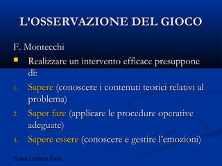 D.ssa Luciana Fenu
L’OSSERVAZIONE DEL GIOCOL’OSSERVAZIONE DEL GIOCO
F. MontecchiF. Montecchi
 Realizzare un intervento efficace presupponeRealizzare un intervento efficace presuppone
di:di:
1.1. SapereSapere (conoscere i contenuti teorici relativi al(conoscere i contenuti teorici relativi al
problema)problema)
2.2. Saper fareSaper fare (applicare le procedure operative(applicare le procedure operative
adeguate)adeguate)
3.3. Sapere essereSapere essere (conoscere e gestire l’emozioni)(conoscere e gestire l’emozioni)
 