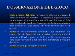 D.ssa Luciana Fenu
L’OSSERVAZIONE DEL GIOCOL’OSSERVAZIONE DEL GIOCO
4.4. Spazi e tempi del giocoSpazi e tempi del gioco: rivelano gli interessi e il grado di: rivelano gli interessi e il grado di
libertà di azione del bambino. La capacità di organizzazione elibertà di azione del bambino. La capacità di organizzazione e
strutturazione di un’attività sono indicatori importanti dellostrutturazione di un’attività sono indicatori importanti dello
stato di salute del bambino. Alcune particolarità si manifestanostato di salute del bambino. Alcune particolarità si manifestano
nella difficoltà di “dare ordine” alle varie azioni in vista di unnella difficoltà di “dare ordine” alle varie azioni in vista di un
obiettivo.obiettivo.
5.5. Rapporto con i materialiRapporto con i materiali: strutturati e non strutturati. Può: strutturati e non strutturati. Può
essere che di fronte ad un materiale (senso-motorio) ilessere che di fronte ad un materiale (senso-motorio) il
bambino si blocchi oppure perda il controllo, mentre funzionibambino si blocchi oppure perda il controllo, mentre funzioni
bene in altre situazioni e con altro tipo di materiale (per es. piùbene in altre situazioni e con altro tipo di materiale (per es. più
didattico).didattico).
6.6. Rapporto con gli altri: pari e adulti.Rapporto con gli altri: pari e adulti.
 
