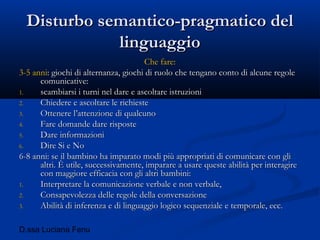 D.ssa Luciana Fenu
Disturbo semantico-pragmatico delDisturbo semantico-pragmatico del
linguaggiolinguaggio
Che fare:Che fare:
3-5 anni3-5 anni: giochi di alternanza, giochi di ruolo che tengano conto di alcune regole: giochi di alternanza, giochi di ruolo che tengano conto di alcune regole
comunicative:comunicative:
1.1. scambiarsi i turni nel dare e ascoltare istruzioniscambiarsi i turni nel dare e ascoltare istruzioni
2.2. Chiedere e ascoltare le richiesteChiedere e ascoltare le richieste
3.3. Ottenere l’attenzione di qualcunoOttenere l’attenzione di qualcuno
4.4. Fare domande dare risposteFare domande dare risposte
5.5. Dare informazioniDare informazioni
6.6. Dire Si e NoDire Si e No
6-8 anni: se il bambino ha imparato modi più appropriati di comunicare con gli6-8 anni: se il bambino ha imparato modi più appropriati di comunicare con gli
altri. È utile, successivamente, imparare a usare queste abilità per interagirealtri. È utile, successivamente, imparare a usare queste abilità per interagire
con maggiore efficacia con gli altri bambini:con maggiore efficacia con gli altri bambini:
1.1. Interpretare la comunicazione verbale e non verbale,Interpretare la comunicazione verbale e non verbale,
2.2. Consapevolezza delle regole della conversazioneConsapevolezza delle regole della conversazione
3.3. Abilità di inferenza e di linguaggio logico sequenziale e temporale, ecc.Abilità di inferenza e di linguaggio logico sequenziale e temporale, ecc.
 