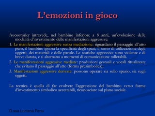 D.ssa Luciana Fenu
L’emozioni in giocoL’emozioni in gioco
Aucouturier intravede, nel bambino inferiore a 8 anni, un’evoluzione delleAucouturier intravede, nel bambino inferiore a 8 anni, un’evoluzione delle
modalità d’investimento delle manifestazioni aggressive:modalità d’investimento delle manifestazioni aggressive:
1.1. Le manifestazioni aggressive senza mediazioneLe manifestazioni aggressive senza mediazione: riguardano il passaggio all’atto: riguardano il passaggio all’atto
puro, il bambino ignora la specificità degli spazi, il senso di utilizzazione deglipuro, il bambino ignora la specificità degli spazi, il senso di utilizzazione degli
oggetti, dei materiali e delle parole. Le scariche aggressive sono violente e dioggetti, dei materiali e delle parole. Le scariche aggressive sono violente e di
breve durata, e si alternano a momenti di comunicazione tollerabili.breve durata, e si alternano a momenti di comunicazione tollerabili.
2.2. Le manifestazioni aggressive mediateLe manifestazioni aggressive mediate: produzioni gestuali e vocali ritualizzate: produzioni gestuali e vocali ritualizzate
che evitano il passaggio all’atto (forma presimbolica);che evitano il passaggio all’atto (forma presimbolica);
3.3. Manifestazioni aggressive derivateManifestazioni aggressive derivate: possono operare sia sullo spazio, sia sugli: possono operare sia sullo spazio, sia sugli
oggetti.oggetti.
La tecnica è quella di far evolvere l’aggressione del bambino verso formeLa tecnica è quella di far evolvere l’aggressione del bambino verso forme
d’investimento simbolico accettabili, riconosciute sul piano sociale.d’investimento simbolico accettabili, riconosciute sul piano sociale.
 