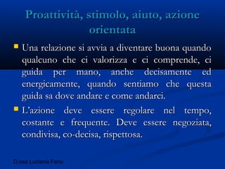 D.ssa Luciana Fenu
Proattività, stimolo, aiuto, azioneProattività, stimolo, aiuto, azione
orientataorientata
 Una relazione si avvia a diventare buona quandoUna relazione si avvia a diventare buona quando
qualcuno che ci valorizza e ci comprende, ciqualcuno che ci valorizza e ci comprende, ci
guida per mano, anche decisamente edguida per mano, anche decisamente ed
energicamente, quando sentiamo che questaenergicamente, quando sentiamo che questa
guida sa dove andare e come andarci.guida sa dove andare e come andarci.
 L’azione deve essere regolare nel tempo,L’azione deve essere regolare nel tempo,
costante e frequente. Deve essere negoziata,costante e frequente. Deve essere negoziata,
condivisa, co-decisa, rispettosa.condivisa, co-decisa, rispettosa.
 