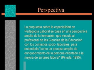 Perspectiva

La propuesta sobre la especialidad en
Pedagogía Laboral se basa en una perspectiva
amplia de la formación, que vincula al
profesional de las Ciencias de la Educación
con los contextos socio- laborales, para
entenderla "como un proceso amplio de
enriquecimiento de la persona orientado a la
mejora de su tarea laboral" (Pineda, 1995).
 
