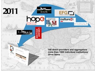 140 direct providers and aggregators more than 1500 individual institutions 20+m items 2011 