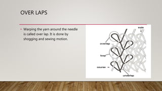 OVER LAPS
• Warping the yarn around the needle
is called over lap. It is done by
shogging and sewing motion.
 