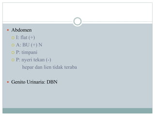  Abdomen
 I: flat (+)
 A: BU (+) N
 P: timpani
 P: nyeri tekan (-)
hepar dan lien tidak teraba
 Genito Urinaria: DBN
 