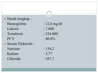  Darah lengkap :
Hemoglobin : 12,6 mg/dl
Lekosit : 7.800
Trombosit : 324.000
PCV : 40.0%
 Serum Elektrolit :
Natrium : 139,2
Kalium : 3,77
Chlorida : 107,7
 