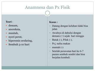 Anamnesa dan Px Fisik
Teori :
 demam,
 anoreksia,
 muntah,
 nyeri perut,
 hiperemis orofaring,
 Sembuh 3-10 hari
Kasus :
 Datang dengan keluhan tidak bisa
jalan
 Awalnya di dahului dengan
demam (+) sejak hari minggu
 Batuk (-), Pilek (-),
 Pe↓ nafsu makan
 muntah (-)
 Setelah perawatan hari ke 6-7
pasien sembuh sendiri dan bisa
berjalan kembali.
 