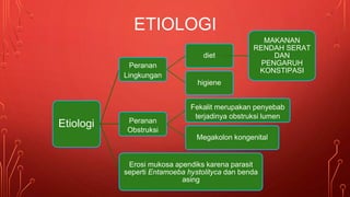 Etiologi
Peranan
Lingkungan
diet
MAKANAN
RENDAH SERAT
DAN
PENGARUH
KONSTIPASI
higiene
Peranan
Obstruksi
Fekalit merupakan penyebab
terjadinya obstruksi lumen
Megakolon kongenital
Erosi mukosa apendiks karena parasit
seperti Entamoeba hystolityca dan benda
asing
ETIOLOGI
 