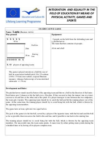 INTEGRATION AND EQUALITY IN THE
                                                        FIELD OF EDUCATION BY MEANS OF
                                                         PHYSICAL ACTIVITY, GAMES AND
                                                                    SPORTS

                                             CO-EDUCATIVE GAME
Name: Lapta (Russian              )
Play ground:                                               Equipment:

 X X X X X                                                  5 people on the field from the defending team and
      45 m                                                 a pitcher/server.
                                                           The team that bats contains six people.
                                 End line
                        25m                                A bat and a ball

                                  Starting
                        10 m     line
 OOOOO          O- X

 X / O players of opposing teams


   The game is played outside on a field the size of
   half an association football pitch 20 x 25 sazhens
   (140 x 175 feet) (one sazhen; a typical Russian
   measure - distance between tips of arms stretched
   sidewards = 1.76 m).


Development and Rules:

The pitcher/server stands near the batter of the opposing team and throws a ball in the direction of the batter.
Each batter gets 2 chances to hit the ball over a 10m line. If they succeed at that, the runner (one at a time)
can run to an end line at the other end of the pitch. If a player manages to run between the two endpoints,
the team gets 2 points. The opposing team should try to catch the ball and hit the running player out of the
game. At the same time, the running player should try to avoid being hit with the ball, which is thrown by
the opposing team members.

The game lasts an hour, split into two equal halves.

The goal of the game is to hit the ball, served by a player of the opposite team, with the bat and send the ball
as far as possible, then run across the field to the end line, and if possible to run back to the starting line.

The running player should try to avoid being hit with the ball, which is thrown by the opposing team
members. For successful runs, the team earns points. A team wins by either getting more points during the
scheduled time or by having all its players complete runs.
 
