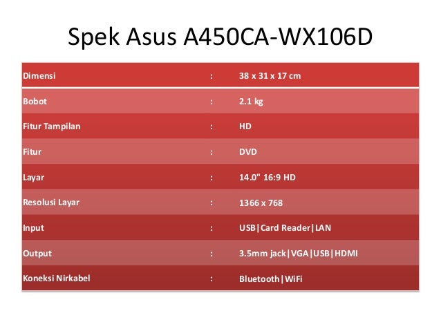Spek Laptop Asus A450CA-WX106D dan Harga Terbaru