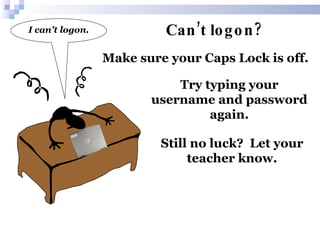 Can’t logon? I can’t logon.  Make sure your Caps Lock is off. Try typing your username and password again. Still no luck?  Let your teacher know. 