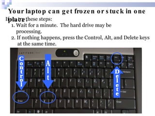 If so, try these steps: 1. Wait for a minute.  The hard drive may be    processing. 2. If nothing happens, press the Control, Alt, and Delete keys  at the same time. Your laptop can get frozen or stuck in one place.  Delete Control Alt 