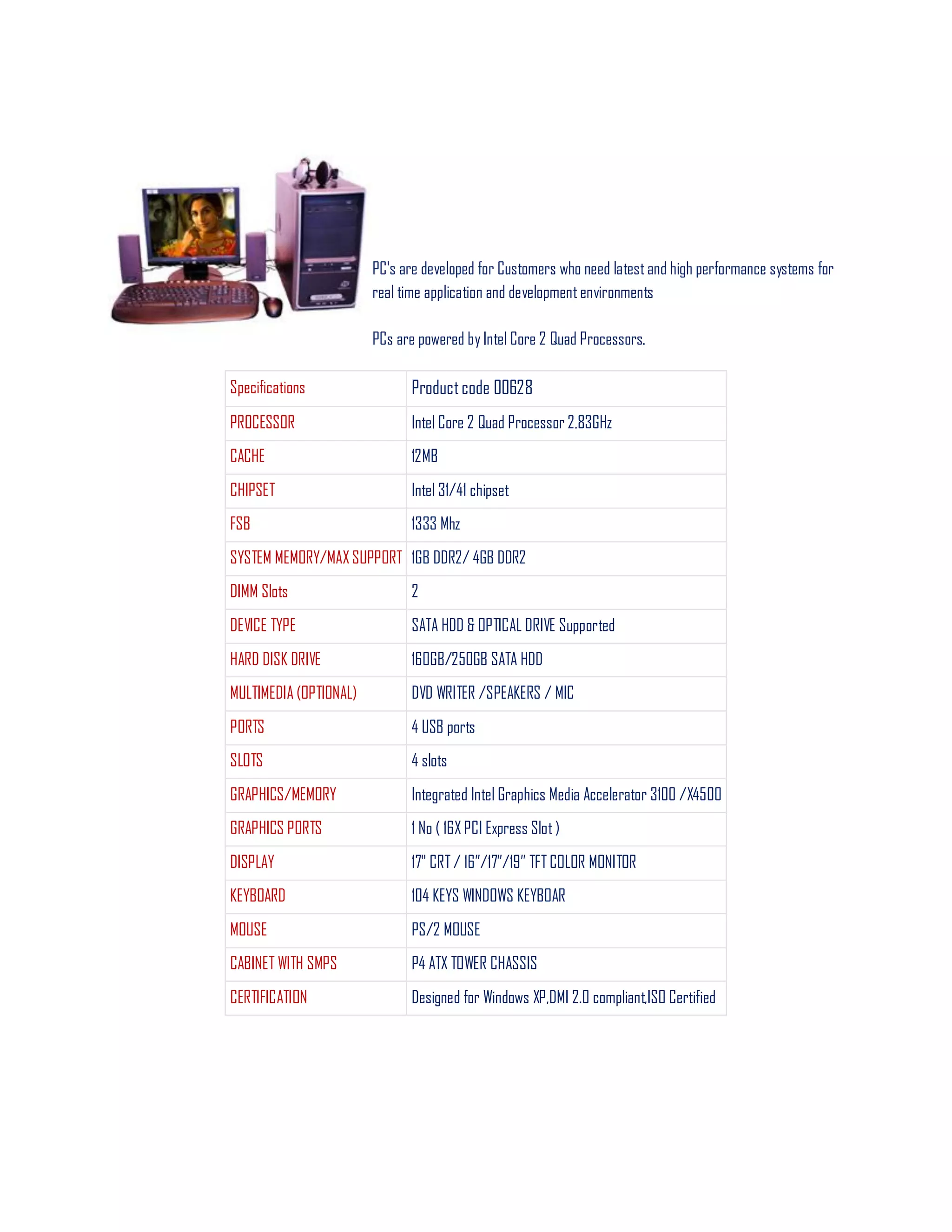 PC's are developed for Customers who need latest and high performance systems for
real time application and development environments
PCs are powered by Intel Core 2 Quad Processors.
Specifications Productcode 00628
PROCESSOR Intel Core 2 Quad Processor 2.83GHz
CACHE 12MB
CHIPSET Intel 31/41 chipset
FSB 1333 Mhz
SYSTEM MEMORY/MAX SUPPORT 1GB DDR2/ 4GB DDR2
DIMM Slots 2
DEVICE TYPE SATA HDD & OPTICAL DRIVE Supported
HARD DISK DRIVE 160GB/250GB SATA HDD
MULTIMEDIA (OPTIONAL) DVD WRITER /SPEAKERS / MIC
PORTS 4 USB ports
SLOTS 4 slots
GRAPHICS/MEMORY Integrated Intel Graphics Media Accelerator 3100 /X4500
GRAPHICS PORTS 1 No ( 16X PCI Express Slot )
DISPLAY 17" CRT / 16‖/17‖/19‖ TFT COLOR MONITOR
KEYBOARD 104 KEYS WINDOWS KEYBOAR
MOUSE PS/2 MOUSE
CABINET WITH SMPS P4 ATX TOWER CHASSIS
CERTIFICATION Designed for Windows XP,DMI 2.0 compliant,ISO Certified
 