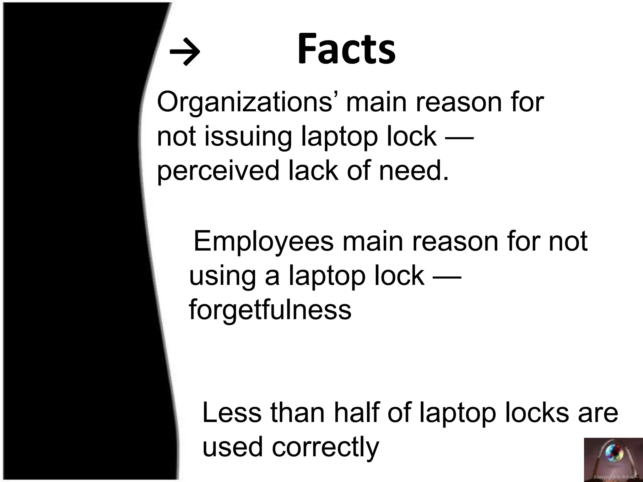 -> FactsOrganizations’ main reason for not issuing laptop lock — perceived lack of need.  Employees main reason for not using a laptop lock — forgetfulness Less than half of laptop locks are used correctly 
