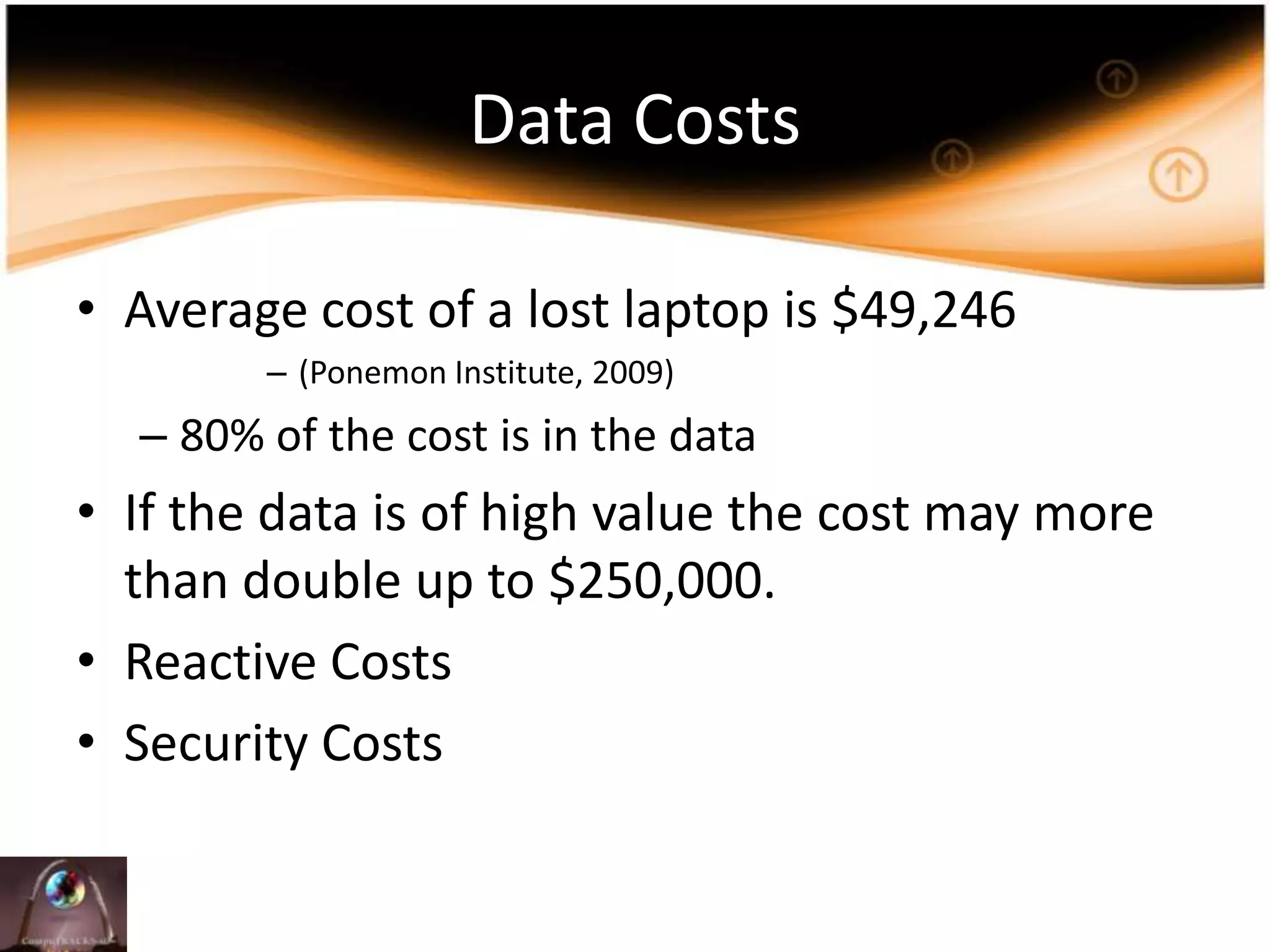 Data CostsAveragecost of a lostlaptopis $49,246(Ponemon Institute, 2009) 80% of the costis in the dataIf the data is of high value the costmay more than double up to $250,000.ReactiveCostsSecurity Costs