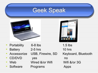 Geek Speak
• Portability 6-8 lbs 1.5 lbs
• Battery 2-5 hrs 10 hrs
• Accessorize USB, Firewire, SD Keyboard, Bluetooth
• CD/DVD yes no
• Web Wired &/or Wifi Wifi &/or 3G
• Software Programs Apps