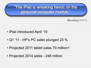 “The iPad is wreaking havoc on the
personal computer market.”
Bloomberg 5/11/11
• iPad introduced April „10
• Q1 „11 - HP‟s PC sales plunged 23 %
• Projected 2011 tablet sales 70 million+
• Projected 2014 sales - 246 million