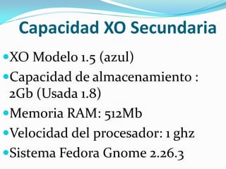 Capacidad XO Secundaria
XO Modelo 1.5 (azul)
Capacidad de almacenamiento :
2Gb (Usada 1.8)
Memoria RAM: 512Mb
Velocidad del procesador: 1 ghz
Sistema Fedora Gnome 2.26.3
 
