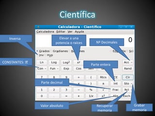 Científica
CONSTANTES: 𝜋
Inversa Elevar a una
potencia o raíces Nº Decimales
Parte entera
Parte decimal
Grabar
memoria
Valor absoluto Recuperar
memoria
 