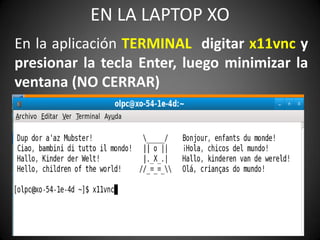 EN LA LAPTOP XO
En la aplicación TERMINAL digitar x11vnc y
presionar la tecla Enter, luego minimizar la
ventana (NO CERRAR)
 