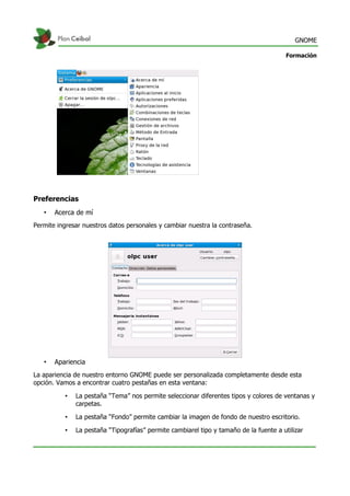 GNOME
Formación
Preferencias
• Acerca de mí
Permite ingresar nuestros datos personales y cambiar nuestra la contraseña.
• Apariencia
La apariencia de nuestro entorno GNOME puede ser personalizada completamente desde esta
opción. Vamos a encontrar cuatro pestañas en esta ventana:
• La pestaña “Tema” nos permite seleccionar diferentes tipos y colores de ventanas y
carpetas.
• La pestaña “Fondo” permite cambiar la imagen de fondo de nuestro escritorio.
• La pestaña “Tipografías” permite cambiarel tipo y tamaño de la fuente a utilizar
 