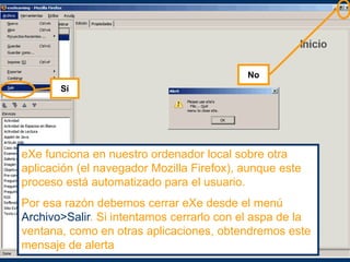 eXe funciona en nuestro ordenador local sobre otra
aplicación (el navegador Mozilla Firefox), aunque este
proceso está automatizado para el usuario.
Por esa razón debemos cerrar eXe desde el menú
Archivo>Salir. Si intentamos cerrarlo con el aspa de la
ventana, como en otras aplicaciones, obtendremos este
mensaje de alerta
Sí
No
 