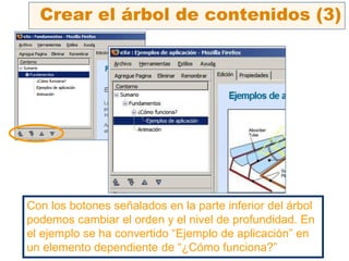 Con los botones señalados en la parte inferior del árbol
podemos cambiar el orden y el nivel de profundidad. En
el ejemplo se ha convertido “Ejemplo de aplicación” en
un elemento dependiente de “¿Cómo funciona?”
Crear el árbol de contenidos (3)
 