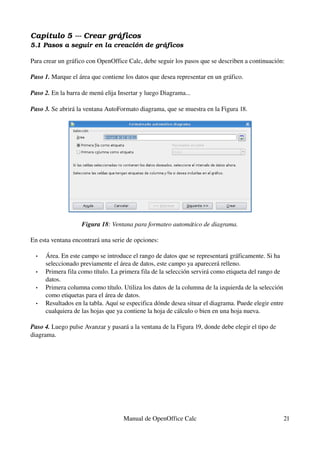 Capítulo 5 ­­­ Crear gráficos
5.1 Pasos a seguir en la creación de gráficos
Para crear un gráfico con OpenOffice Calc, debe seguir los pasos que se describen a continuación:
Paso 1. Marque el área que contiene los datos que desea representar en un gráfico.
Paso 2. En la barra de menú elija Insertar y luego Diagrama...
Paso 3. Se abrirá la ventana AutoFormato diagrama, que se muestra en la Figura 18.
Figura 18: Ventana para formateo automático de diagrama.
En esta ventana encontrará una serie de opciones:
• Área. En este campo se introduce el rango de datos que se representará gráficamente. Si ha 
seleccionado previamente el área de datos, este campo ya aparecerá relleno.
• Primera fila como título. La primera fila de la selección servirá como etiqueta del rango de 
datos.
• Primera columna como título. Utiliza los datos de la columna de la izquierda de la selección 
como etiquetas para el área de datos.
• Resultados en la tabla. Aquí se especifica dónde desea situar el diagrama. Puede elegir entre 
cualquiera de las hojas que ya contiene la hoja de cálculo o bien en una hoja nueva.
Paso 4. Luego pulse Avanzar y pasará a la ventana de la Figura 19, donde debe elegir el tipo de 
diagrama.
Manual de OpenOffice Calc 21
 