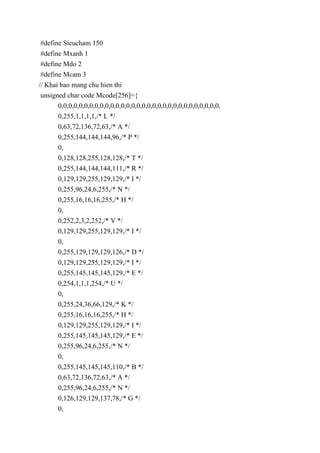 #define Sieucham 150
#define Mxanh 1
#define Mdo 2
#define Mcam 3
// Khai bao mang chu hien thi
unsigned char code Mcode[256]={
0,0,0,0,0,0,0,0,0,0,0,0,0,0,0,0,0,0,0,0,0,0,0,0,0,0,0,0,0,0,0,
0,255,1,1,1,1,/* L */
0,63,72,136,72,63,/* A */
0,255,144,144,144,96,/* P */
0,
0,128,128,255,128,128,/* T */
0,255,144,144,144,111,/* R */
0,129,129,255,129,129,/* I */
0,255,96,24,6,255,/* N */
0,255,16,16,16,255,/* H */
0,
0,252,2,3,2,252,/* V */
0,129,129,255,129,129,/* I */
0,
0,255,129,129,129,126,/* D */
0,129,129,255,129,129,/* I */
0,255,145,145,145,129,/* E */
0,254,1,1,1,254,/* U */
0,
0,255,24,36,66,129,/* K */
0,255,16,16,16,255,/* H */
0,129,129,255,129,129,/* I */
0,255,145,145,145,129,/* E */
0,255,96,24,6,255,/* N */
0,
0,255,145,145,145,110,/* B */
0,63,72,136,72,63,/* A */
0,255,96,24,6,255,/* N */
0,126,129,129,137,78,/* G */
0,
 