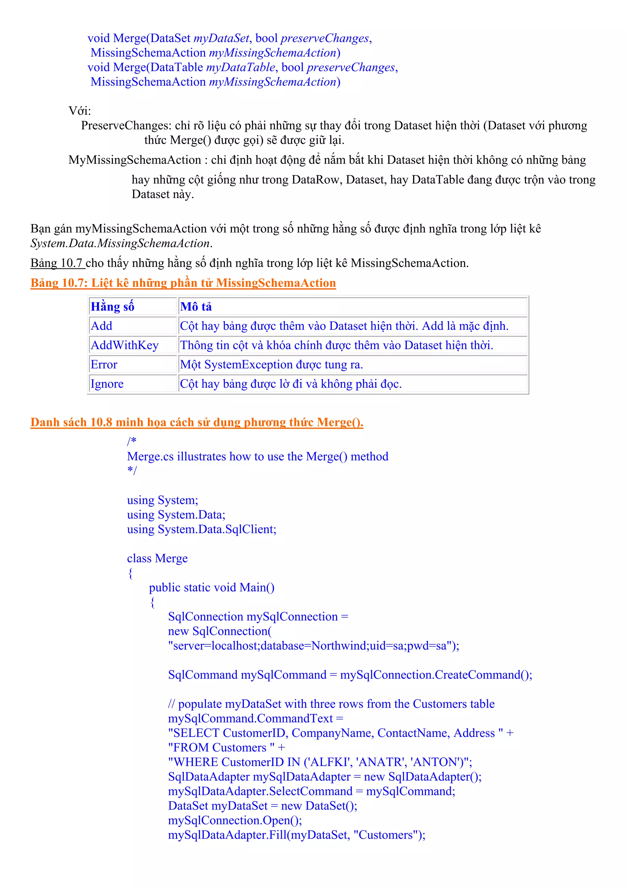 void Merge(DataSet myDataSet, bool preserveChanges,
          MissingSchemaAction myMissingSchemaAction)
          void Merge(DataTable myDataTable, bool preserveChanges,
          MissingSchemaAction myMissingSchemaAction)

       Với:
         PreserveChanges: chỉ rõ liệu có phải những sự thay đổi trong Dataset hiện thời (Dataset với phương
                    thức Merge() được gọi) sẽ được giữ lại.
       MyMissingSchemaAction : chỉ định hoạt động để nắm bắt khi Dataset hiện thời không có những bảng
                    hay những cột giống như trong DataRow, Dataset, hay DataTable đang được trộn vào trong
                    Dataset này.

Bạn gán myMissingSchemaAction với một trong số những hằng số được định nghĩa trong lớp liệt kê
System.Data.MissingSchemaAction.
Bảng 10.7 cho thấy những hằng số định nghĩa trong lớp liệt kê MissingSchemaAction.
Bảng 10.7: Liệt kê những phần tử MissingSchemaAction
           Hằng số            Mô tả
           Add                Cột hay bảng được thêm vào Dataset hiện thời. Add là mặc định.
           AddWithKey         Thông tin cột và khóa chính được thêm vào Dataset hiện thời.
           Error              Một SystemException được tung ra.
           Ignore             Cột hay bảng được lờ đi và không phải đọc.


Danh sách 10.8 minh họa cách sử dụng phương thức Merge().
                    /*
                    Merge.cs illustrates how to use the Merge() method
                    */

                    using System;
                    using System.Data;
                    using System.Data.SqlClient;

                    class Merge
                    {
                        public static void Main()
                        {
                           SqlConnection mySqlConnection =
                           new SqlConnection(
                           "server=localhost;database=Northwind;uid=sa;pwd=sa");

                           SqlCommand mySqlCommand = mySqlConnection.CreateCommand();

                           // populate myDataSet with three rows from the Customers table
                           mySqlCommand.CommandText =
                           "SELECT CustomerID, CompanyName, ContactName, Address " +
                           "FROM Customers " +
                           "WHERE CustomerID IN ('ALFKI', 'ANATR', 'ANTON')";
                           SqlDataAdapter mySqlDataAdapter = new SqlDataAdapter();
                           mySqlDataAdapter.SelectCommand = mySqlCommand;
                           DataSet myDataSet = new DataSet();
                           mySqlConnection.Open();
                           mySqlDataAdapter.Fill(myDataSet, "Customers");
 