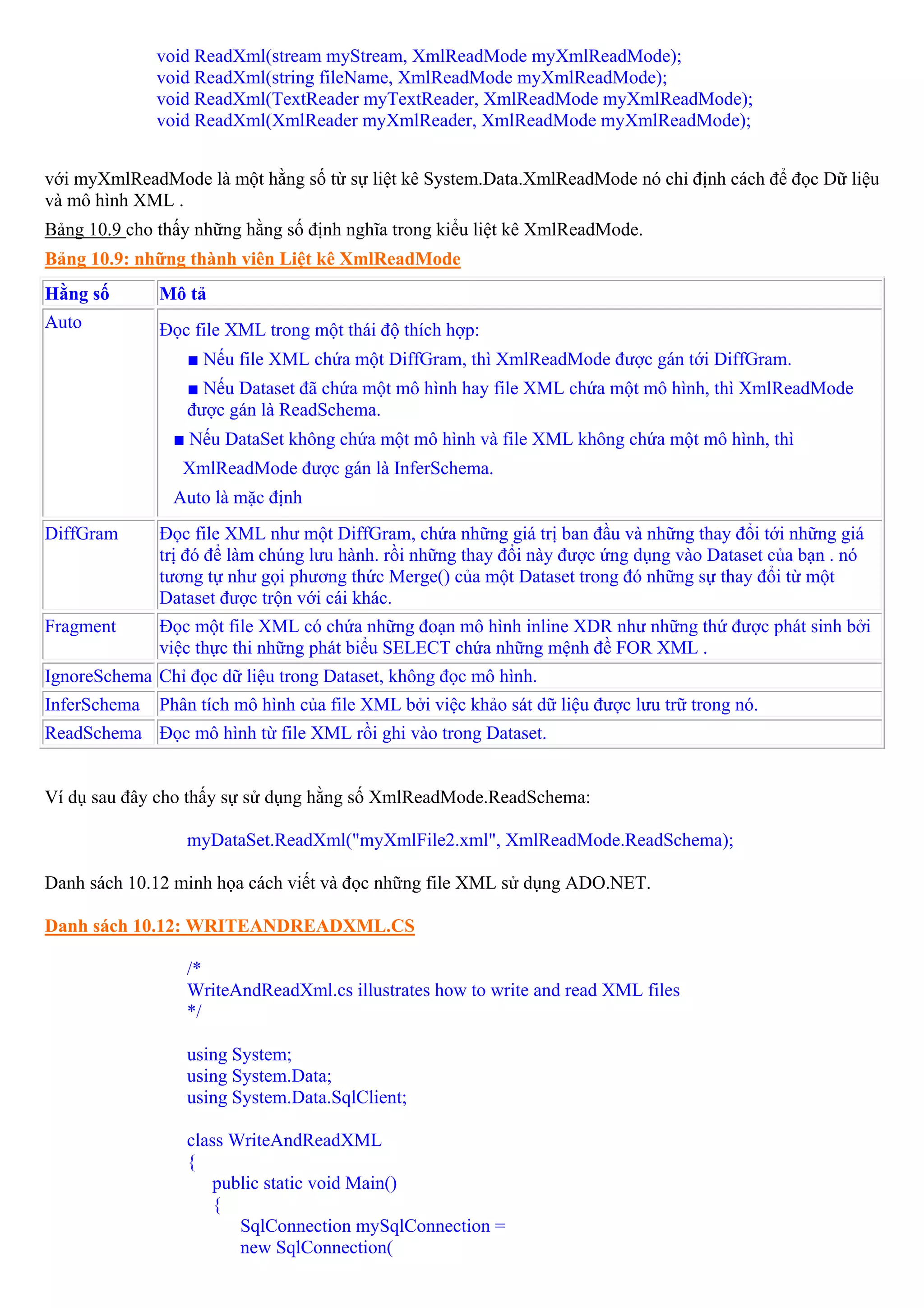 void ReadXml(stream myStream, XmlReadMode myXmlReadMode);
              void ReadXml(string fileName, XmlReadMode myXmlReadMode);
              void ReadXml(TextReader myTextReader, XmlReadMode myXmlReadMode);
              void ReadXml(XmlReader myXmlReader, XmlReadMode myXmlReadMode);


với myXmlReadMode là một hằng số từ sự liệt kê System.Data.XmlReadMode nó chỉ định cách để đọc Dữ liệu
và mô hình XML .
Bảng 10.9 cho thấy những hằng số định nghĩa trong kiểu liệt kê XmlReadMode.
Bảng 10.9: những thành viên Liệt kê XmlReadMode
Hằng số       Mô tả
Auto          Đọc file XML trong một thái độ thích hợp:
                 ■ Nếu file XML chứa một DiffGram, thì XmlReadMode được gán tới DiffGram.
                 ■ Nếu Dataset đã chứa một mô hình hay file XML chứa một mô hình, thì XmlReadMode
                 được gán là ReadSchema.
                ■ Nếu DataSet không chứa một mô hình và file XML không chứa một mô hình, thì
                 XmlReadMode được gán là InferSchema.
                Auto là mặc định
DiffGram      Đọc file XML như một DiffGram, chứa những giá trị ban đầu và những thay đổi tới những giá
              trị đó để làm chúng lưu hành. rồi những thay đổi này được ứng dụng vào Dataset của bạn . nó
              tương tự như gọi phương thức Merge() của một Dataset trong đó những sự thay đổi từ một
              Dataset được trộn với cái khác.
Fragment      Đọc một file XML có chứa những đoạn mô hình inline XDR như những thứ được phát sinh bởi
              việc thực thi những phát biểu SELECT chứa những mệnh đề FOR XML .
IgnoreSchema Chỉ đọc dữ liệu trong Dataset, không đọc mô hình.
InferSchema   Phân tích mô hình của file XML bởi việc khảo sát dữ liệu được lưu trữ trong nó.
ReadSchema Đọc mô hình từ file XML rồi ghi vào trong Dataset.


Ví dụ sau đây cho thấy sự sử dụng hằng số XmlReadMode.ReadSchema:

                 myDataSet.ReadXml("myXmlFile2.xml", XmlReadMode.ReadSchema);

Danh sách 10.12 minh họa cách viết và đọc những file XML sử dụng ADO.NET.

Danh sách 10.12: WRITEANDREADXML.CS

                 /*
                 WriteAndReadXml.cs illustrates how to write and read XML files
                 */

                 using System;
                 using System.Data;
                 using System.Data.SqlClient;

                 class WriteAndReadXML
                 {
                     public static void Main()
                     {
                        SqlConnection mySqlConnection =
                        new SqlConnection(
 