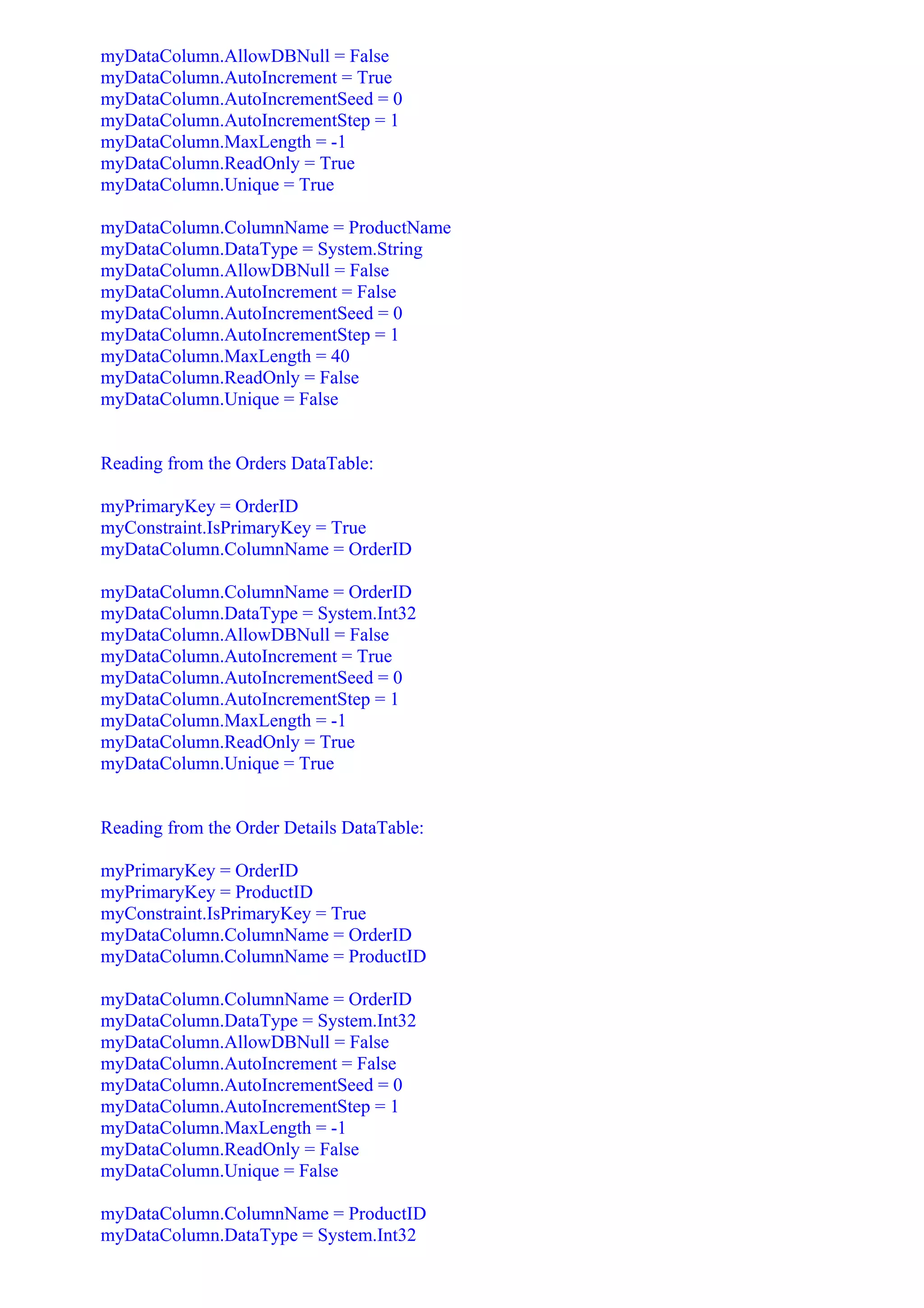 myDataColumn.AllowDBNull = False
myDataColumn.AutoIncrement = True
myDataColumn.AutoIncrementSeed = 0
myDataColumn.AutoIncrementStep = 1
myDataColumn.MaxLength = -1
myDataColumn.ReadOnly = True
myDataColumn.Unique = True

myDataColumn.ColumnName = ProductName
myDataColumn.DataType = System.String
myDataColumn.AllowDBNull = False
myDataColumn.AutoIncrement = False
myDataColumn.AutoIncrementSeed = 0
myDataColumn.AutoIncrementStep = 1
myDataColumn.MaxLength = 40
myDataColumn.ReadOnly = False
myDataColumn.Unique = False


Reading from the Orders DataTable:

myPrimaryKey = OrderID
myConstraint.IsPrimaryKey = True
myDataColumn.ColumnName = OrderID

myDataColumn.ColumnName = OrderID
myDataColumn.DataType = System.Int32
myDataColumn.AllowDBNull = False
myDataColumn.AutoIncrement = True
myDataColumn.AutoIncrementSeed = 0
myDataColumn.AutoIncrementStep = 1
myDataColumn.MaxLength = -1
myDataColumn.ReadOnly = True
myDataColumn.Unique = True


Reading from the Order Details DataTable:

myPrimaryKey = OrderID
myPrimaryKey = ProductID
myConstraint.IsPrimaryKey = True
myDataColumn.ColumnName = OrderID
myDataColumn.ColumnName = ProductID

myDataColumn.ColumnName = OrderID
myDataColumn.DataType = System.Int32
myDataColumn.AllowDBNull = False
myDataColumn.AutoIncrement = False
myDataColumn.AutoIncrementSeed = 0
myDataColumn.AutoIncrementStep = 1
myDataColumn.MaxLength = -1
myDataColumn.ReadOnly = False
myDataColumn.Unique = False

myDataColumn.ColumnName = ProductID
myDataColumn.DataType = System.Int32
 