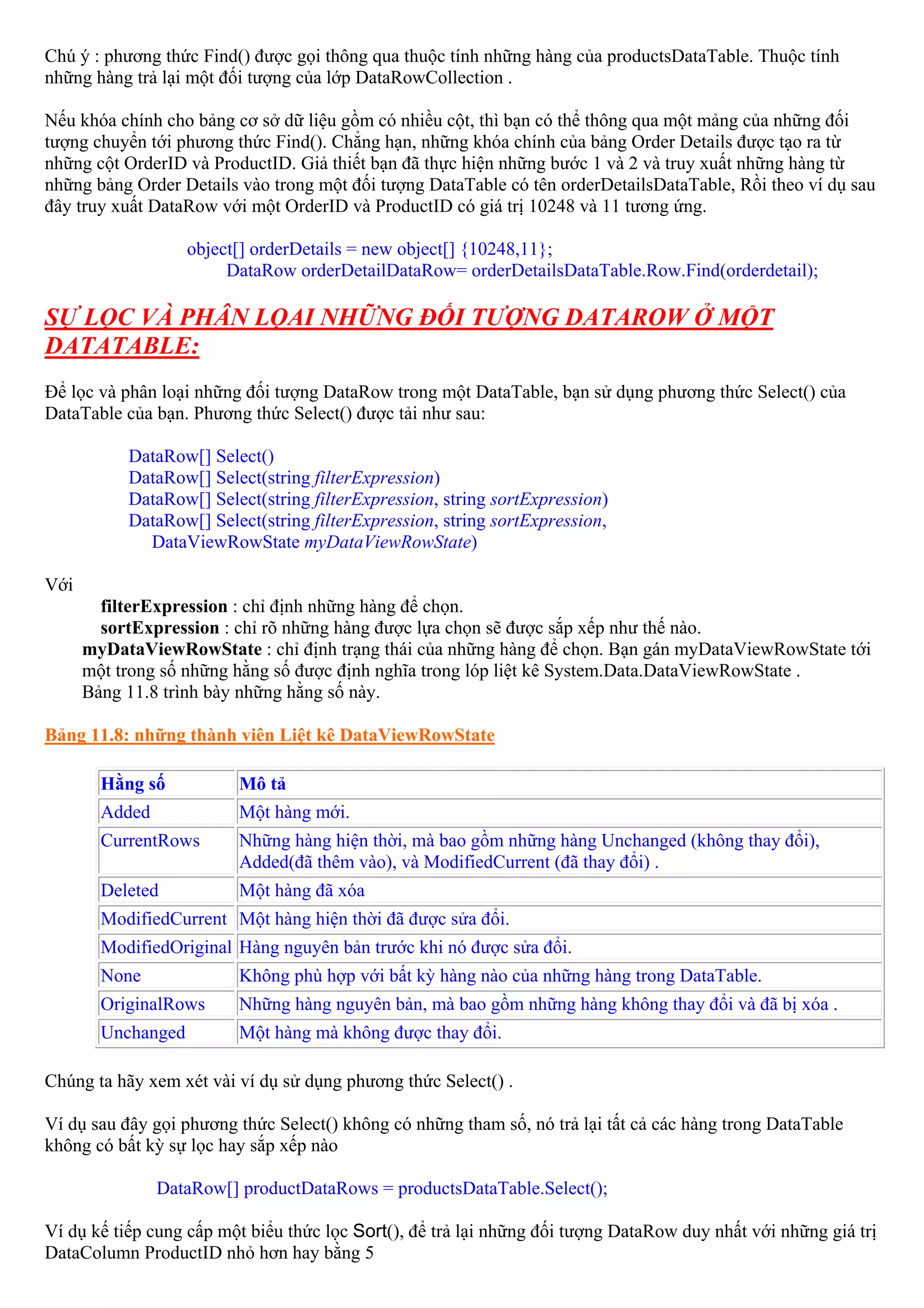 Chú ý : phương thức Find() được gọi thông qua thuộc tính những hàng của productsDataTable. Thuộc tính
những hàng trả lại một đối tượng của lớp DataRowCollection .

Nếu khóa chính cho bảng cơ sở dữ liệu gồm có nhiều cột, thì bạn có thể thông qua một mảng của những đối
tượng chuyển tới phương thức Find(). Chẳng hạn, những khóa chính của bảng Order Details được tạo ra từ
những cột OrderID và ProductID. Giả thiết bạn đã thực hiện những bước 1 và 2 và truy xuất những hàng từ
những bảng Order Details vào trong một đối tượng DataTable có tên orderDetailsDataTable, Rồi theo ví dụ sau
đây truy xuất DataRow với một OrderID và ProductID có giá trị 10248 và 11 tương ứng.

                    object[] orderDetails = new object[] {10248,11};
                         DataRow orderDetailDataRow= orderDetailsDataTable.Row.Find(orderdetail);

SỰ LỌC VÀ PHÂN LỌAI NHỮNG ĐỐI TƯỢNG DATAROW Ở MỘT
DATATABLE:
Để lọc và phân loại những đối tượng DataRow trong một DataTable, bạn sử dụng phương thức Select() của
DataTable của bạn. Phương thức Select() được tải như sau:

           DataRow[] Select()
           DataRow[] Select(string filterExpression)
           DataRow[] Select(string filterExpression, string sortExpression)
           DataRow[] Select(string filterExpression, string sortExpression,
             DataViewRowState myDataViewRowState)

Với
        filterExpression : chỉ định những hàng để chọn.
        sortExpression : chỉ rõ những hàng được lựa chọn sẽ được sắp xếp như thế nào.
      myDataViewRowState : chỉ định trạng thái của những hàng để chọn. Bạn gán myDataViewRowState tới
      một trong số những hằng số được định nghĩa trong lóp liệt kê System.Data.DataViewRowState .
      Bảng 11.8 trình bày những hằng số này.

Bảng 11.8: những thành viên Liệt kê DataViewRowState

        Hằng số           Mô tả
        Added             Một hàng mới.
        CurrentRows       Những hàng hiện thời, mà bao gồm những hàng Unchanged (không thay đổi),
                          Added(đã thêm vào), và ModifiedCurrent (đã thay đổi) .
        Deleted           Một hàng đã xóa
        ModifiedCurrent Một hàng hiện thời đã được sửa đổi.
        ModifiedOriginal Hàng nguyên bản trước khi nó được sửa đổi.
        None              Không phù hợp với bất kỳ hàng nào của những hàng trong DataTable.
        OriginalRows      Những hàng nguyên bản, mà bao gồm những hàng không thay đổi và đã bị xóa .
        Unchanged         Một hàng mà không được thay đổi.

Chúng ta hãy xem xét vài ví dụ sử dụng phương thức Select() .

Ví dụ sau đây gọi phương thức Select() không có những tham số, nó trả lại tất cả các hàng trong DataTable
không có bất kỳ sự lọc hay sắp xếp nào

                DataRow[] productDataRows = productsDataTable.Select();

Ví dụ kế tiếp cung cấp một biểu thức lọc Sort(), để trả lại những đối tượng DataRow duy nhất với những giá trị
DataColumn ProductID nhỏ hơn hay bằng 5
 