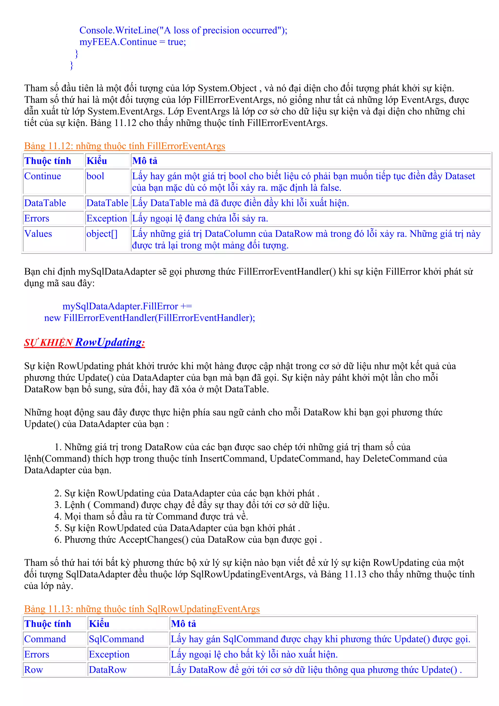 Console.WriteLine("A loss of precision occurred");
                    myFEEA.Continue = true;
                }
            }

Tham số đầu tiên là một đối tượng của lớp System.Object , và nó đại diện cho đối tượng phát khởi sự kiện.
Tham số thứ hai là một đối tượng của lớp FillErrorEventArgs, nó giống như tất cả những lớp EventArgs, được
dẫn xuất từ lớp System.EventArgs. Lớp EventArgs là lớp cơ sở cho dữ liệu sự kiện và đại diện cho những chi
tiết của sự kiện. Bảng 11.12 cho thấy những thuộc tính FillErrorEventArgs.

Bảng 11.12: những thuộc tính FillErrorEventArgs
Thuộc tính Kiểu          Mô tả
Continue             bool         Lấy hay gán một giá trị bool cho biết liệu có phải bạn muốn tiếp tục điền đầy Dataset
                                  của bạn mặc dù có một lỗi xảy ra. mặc định là false.
DataTable            DataTable Lấy DataTable mà đã được điền đầy khi lỗi xuất hiện.
Errors               Exception Lấy ngoại lệ đang chứa lỗi sảy ra.
Values               object[]     Lấy những giá trị DataColumn của DataRow mà trong đó lỗi xảy ra. Những giá trị này
                                  được trả lại trong một mảng đối tượng.

Bạn chỉ định mySqlDataAdapter sẽ gọi phương thức FillErrorEventHandler() khi sự kiện FillError khởi phát sử
dụng mã sau đây:

          mySqlDataAdapter.FillError +=
      new FillErrorEventHandler(FillErrorEventHandler);

SỰ KHIỆN RowUpdating:

Sự kiện RowUpdating phát khởi trước khi một hàng được cập nhật trong cơ sở dữ liệu như một kết quả của
phương thức Update() của DataAdapter của bạn mà bạn đã gọi. Sự kiện này páht khởi một lần cho mỗi
DataRow bạn bổ sung, sửa đổi, hay đã xóa ở một DataTable.

Những hoạt động sau đây được thực hiện phía sau ngữ cảnh cho mỗi DataRow khi bạn gọi phương thức
Update() của DataAdapter của bạn :

       1. Những giá trị trong DataRow của các bạn được sao chép tới những giá trị tham số của
lệnh(Command) thích hợp trong thuộc tính InsertCommand, UpdateCommand, hay DeleteCommand của
DataAdapter của bạn.

         2. Sự kiện RowUpdating của DataAdapter của các bạn khởi phát .
         3. Lệnh ( Command) được chạy để đẩy sự thay đổi tới cơ sở dữ liệu.
         4. Mọi tham số đầu ra từ Command được trả về.
         5. Sự kiện RowUpdated của DataAdapter của bạn khởi phát .
         6. Phương thức AcceptChanges() của DataRow của bạn được gọi .

Tham số thứ hai tới bất kỳ phương thức bộ xử lý sự kiện nào bạn viết để xử lý sự kiện RowUpdating của một
đối tượng SqlDataAdapter đều thuộc lớp SqlRowUpdatingEventArgs, và Bảng 11.13 cho thấy những thuộc tính
của lớp này.

Bảng 11.13: những thuộc tính SqlRowUpdatingEventArgs
Thuộc tính     Kiểu               Mô tả
Command               SqlCommand           Lấy hay gán SqlCommand được chạy khi phương thức Update() được gọi.
Errors                Exception            Lấy ngoại lệ cho bất kỳ lỗi nào xuất hiện.
Row                   DataRow              Lấy DataRow để gởi tới cơ sở dữ liệu thông qua phương thức Update() .
 