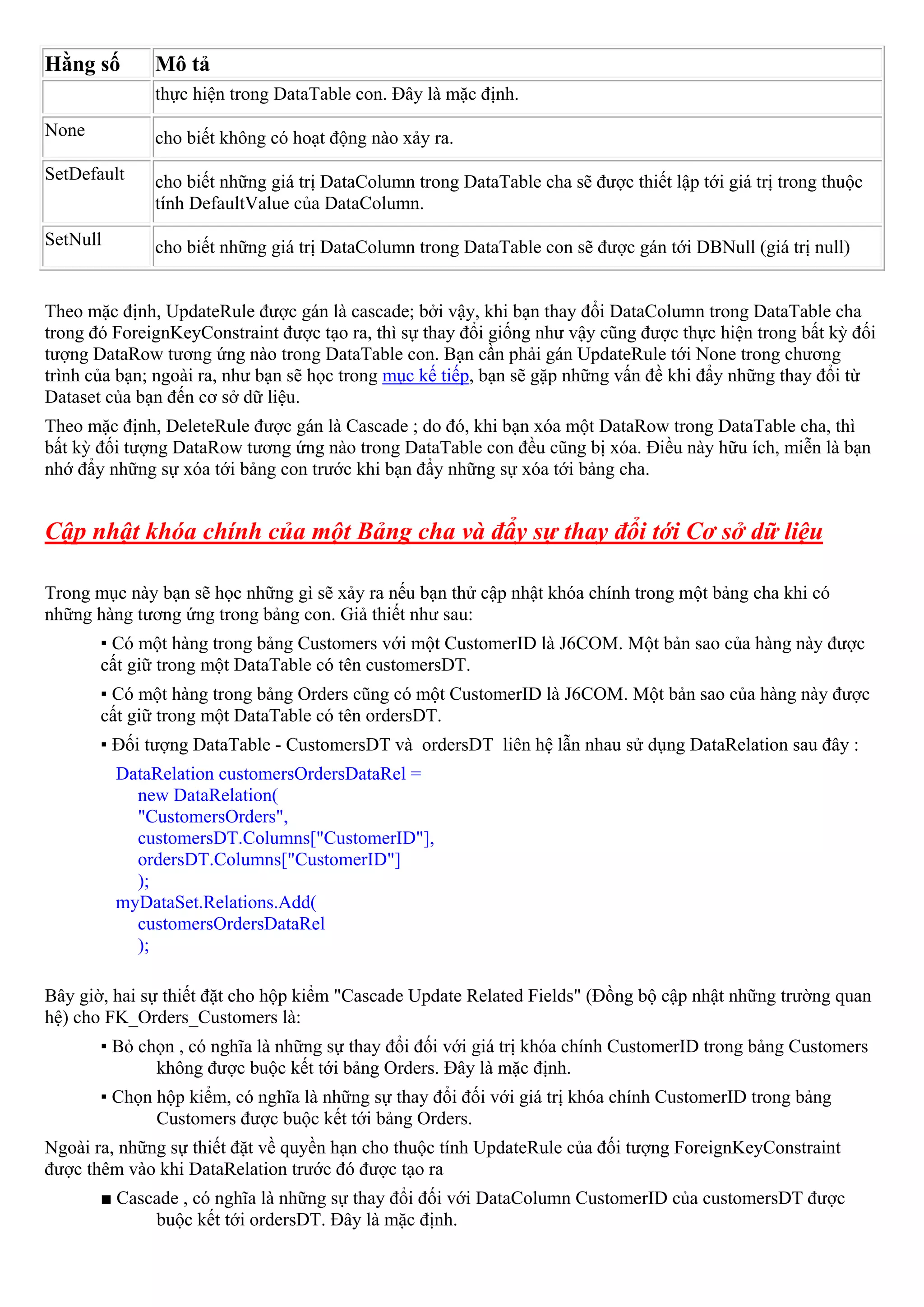 Hằng số       Mô tả
              thực hiện trong DataTable con. Đây là mặc định.
None          cho biết không có hoạt động nào xảy ra.
SetDefault    cho biết những giá trị DataColumn trong DataTable cha sẽ được thiết lập tới giá trị trong thuộc
              tính DefaultValue của DataColumn.
SetNull       cho biết những giá trị DataColumn trong DataTable con sẽ được gán tới DBNull (giá trị null)


Theo mặc định, UpdateRule được gán là cascade; bởi vậy, khi bạn thay đổi DataColumn trong DataTable cha
trong đó ForeignKeyConstraint được tạo ra, thì sự thay đổi giống như vậy cũng được thực hiện trong bất kỳ đối
tượng DataRow tương ứng nào trong DataTable con. Bạn cần phải gán UpdateRule tới None trong chương
trình của bạn; ngoài ra, như bạn sẽ học trong mục kế tiếp, bạn sẽ gặp những vấn đề khi đẩy những thay đổi từ
Dataset của bạn đến cơ sở dữ liệu.
Theo mặc định, DeleteRule được gán là Cascade ; do đó, khi bạn xóa một DataRow trong DataTable cha, thì
bất kỳ đối tượng DataRow tương ứng nào trong DataTable con đều cũng bị xóa. Điều này hữu ích, miễn là bạn
nhớ đẩy những sự xóa tới bảng con trước khi bạn đẩy những sự xóa tới bảng cha.


Cập nhật khóa chính của một Bảng cha và đẩy sự thay đổi tới Cơ sở dữ liệu

Trong mục này bạn sẽ học những gì sẽ xảy ra nếu bạn thử cập nhật khóa chính trong một bảng cha khi có
những hàng tương ứng trong bảng con. Giả thiết như sau:
       ▪ Có một hàng trong bảng Customers với một CustomerID là J6COM. Một bản sao của hàng này được
       cất giữ trong một DataTable có tên customersDT.
       ▪ Có một hàng trong bảng Orders cũng có một CustomerID là J6COM. Một bản sao của hàng này được
       cất giữ trong một DataTable có tên ordersDT.
       ▪ Đối tượng DataTable - CustomersDT và ordersDT liên hệ lẫn nhau sử dụng DataRelation sau đây :
          DataRelation customersOrdersDataRel =
            new DataRelation(
            "CustomersOrders",
            customersDT.Columns["CustomerID"],
            ordersDT.Columns["CustomerID"]
            );
          myDataSet.Relations.Add(
            customersOrdersDataRel
            );

Bây giờ, hai sự thiết đặt cho hộp kiểm "Cascade Update Related Fields" (Đồng bộ cập nhật những trường quan
hệ) cho FK_Orders_Customers là:
       ▪ Bỏ chọn , có nghĩa là những sự thay đổi đối với giá trị khóa chính CustomerID trong bảng Customers
              không được buộc kết tới bảng Orders. Đây là mặc định.
       ▪ Chọn hộp kiểm, có nghĩa là những sự thay đổi đối với giá trị khóa chính CustomerID trong bảng
              Customers được buộc kết tới bảng Orders.
Ngoài ra, những sự thiết đặt về quyền hạn cho thuộc tính UpdateRule của đối tượng ForeignKeyConstraint
được thêm vào khi DataRelation trước đó được tạo ra
       ■ Cascade , có nghĩa là những sự thay đổi đối với DataColumn CustomerID của customersDT được
             buộc kết tới ordersDT. Đây là mặc định.
 