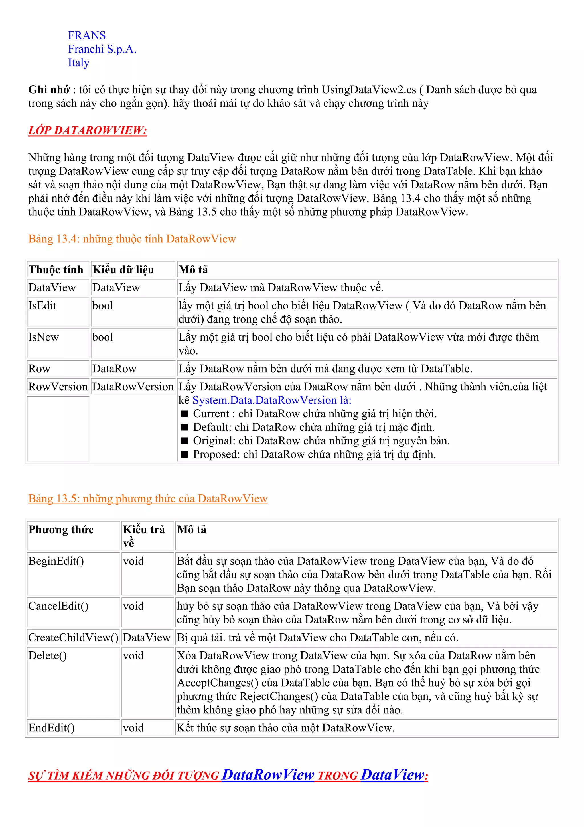 FRANS
           Franchi S.p.A.
           Italy

Ghi nhớ : tôi có thực hiện sự thay đổi này trong chương trình UsingDataView2.cs ( Danh sách được bỏ qua
trong sách này cho ngắn gọn). hãy thoải mái tự do khảo sát và chạy chương trình này

LỚP DATAROWVIEW:

Những hàng trong một đối tượng DataView được cất giữ như những đối tượng của lớp DataRowView. Một đối
tượng DataRowView cung cấp sự truy cập đối tượng DataRow nằm bên dưới trong DataTable. Khi bạn khảo
sát và soạn thảo nội dung của một DataRowView, Bạn thật sự đang làm việc với DataRow nằm bên dưới. Bạn
phải nhớ đến điều này khi làm việc với những đối tượng DataRowView. Bảng 13.4 cho thấy một số những
thuộc tính DataRowView, và Bảng 13.5 cho thấy một số những phương pháp DataRowView.

Bảng 13.4: những thuộc tính DataRowView

Thuộc tính Kiểu dữ liệu        Mô tả
DataView       DataView        Lấy DataView mà DataRowView thuộc về.
IsEdit         bool            lấy một giá trị bool cho biết liệu DataRowView ( Và do đó DataRow nằm bên
                               dưới) đang trong chế độ soạn thảo.
IsNew          bool            Lấy một giá trị bool cho biết liệu có phải DataRowView vừa mới được thêm
                               vào.
Row            DataRow         Lấy DataRow nằm bên dưới mà đang được xem từ DataTable.
RowVersion DataRowVersion Lấy DataRowVersion của DataRow nằm bên dưới . Những thành viên.của liệt
                          kê System.Data.DataRowVersion là:
                             Current : chỉ DataRow chứa những giá trị hiện thời.
                             Default: chỉ DataRow chứa những giá trị mặc định.
                             Original: chỉ DataRow chứa những giá trị nguyên bản.
                             Proposed: chỉ DataRow chứa những giá trị dự định.


Bảng 13.5: những phương thức của DataRowView

Phương thức           Kiểu trả Mô tả
                      về
BeginEdit()           void     Bắt đầu sự soạn thảo của DataRowView trong DataView của bạn, Và do đó
                               cũng bắt đầu sự soạn thảo của DataRow bên dưới trong DataTable của bạn. Rồi
                               Bạn soạn thảo DataRow này thông qua DataRowView.
CancelEdit()          void     hủy bỏ sự soạn thảo của DataRowView trong DataView của bạn, Và bởi vậy
                               cũng hủy bỏ soạn thảo của DataRow nằm bên dưới trong cơ sở dữ liệu.
CreateChildView() DataView Bị quá tải. trả về một DataView cho DataTable con, nếu có.
Delete()              void     Xóa DataRowView trong DataView của bạn. Sự xóa của DataRow nằm bên
                               dưới không được giao phó trong DataTable cho đến khi bạn gọi phương thức
                               AcceptChanges() của DataTable của bạn. Bạn có thể huỷ bỏ sự xóa bởi gọi
                               phương thức RejectChanges() của DataTable của bạn, và cũng huỷ bất kỳ sự
                               thêm không giao phó hay những sự sửa đổi nào.
EndEdit()             void     Kết thúc sự soạn thảo của một DataRowView.



SỰ TÌM KIẾM NHỮNG ĐỐI TƯỢNG DataRowView TRONG DataView:
 