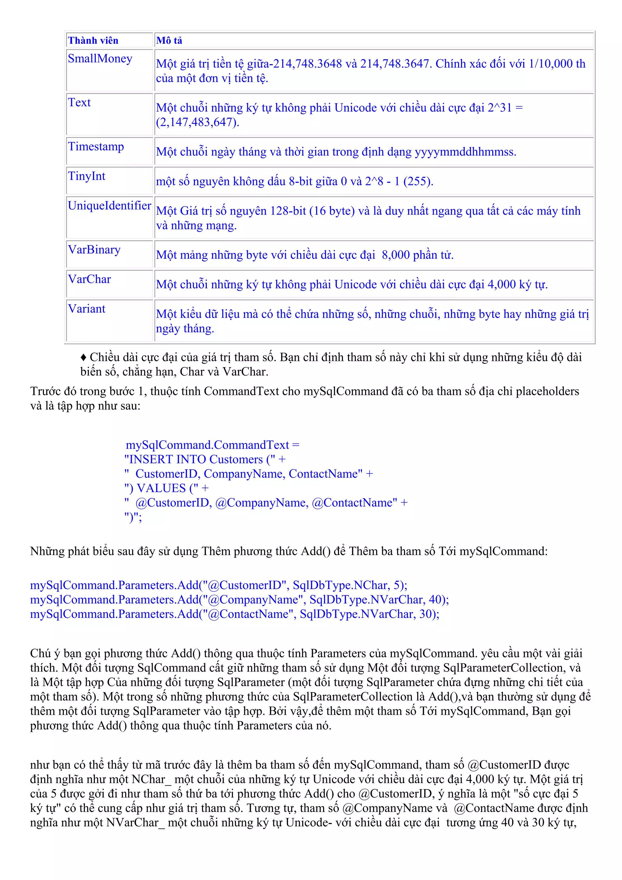 Thành viên       Mô tả
       SmallMoney       Một giá trị tiền tệ giữa-214,748.3648 và 214,748.3647. Chính xác đối với 1/10,000 th
                        của một đơn vị tiền tệ.
       Text             Một chuỗi những ký tự không phải Unicode với chiều dài cực đại 2^31 =
                        (2,147,483,647).
       Timestamp        Một chuỗi ngày tháng và thời gian trong định dạng yyyymmddhhmmss.
       TinyInt          một số nguyên không dấu 8-bit giữa 0 và 2^8 - 1 (255).
       UniqueIdentifier Một Giá trị số nguyên 128-bit (16 byte) và là duy nhất ngang qua tất cả các máy tính
                        và những mạng.
       VarBinary        Một mảng những byte với chiều dài cực đại 8,000 phần tử.
       VarChar          Một chuỗi những ký tự không phải Unicode với chiều dài cực đại 4,000 ký tự.
       Variant          Một kiểu dữ liệu mà có thể chứa những số, những chuỗi, những byte hay những giá trị
                        ngày tháng.

         ♦ Chiều dài cực đại của giá trị tham số. Bạn chỉ định tham số này chỉ khi sử dụng những kiểu độ dài
         biến số, chẳng hạn, Char và VarChar.
Trước đó trong bước 1, thuộc tính CommandText cho mySqlCommand đã có ba tham số địa chỉ placeholders
và là tập hợp như sau:


                    mySqlCommand.CommandText =
                    "INSERT INTO Customers (" +
                    " CustomerID, CompanyName, ContactName" +
                    ") VALUES (" +
                    " @CustomerID, @CompanyName, @ContactName" +
                    ")";

Những phát biểu sau đây sử dụng Thêm phương thức Add() để Thêm ba tham số Tới mySqlCommand:

mySqlCommand.Parameters.Add("@CustomerID", SqlDbType.NChar, 5);
mySqlCommand.Parameters.Add("@CompanyName", SqlDbType.NVarChar, 40);
mySqlCommand.Parameters.Add("@ContactName", SqlDbType.NVarChar, 30);


Chú ý bạn gọi phương thức Add() thông qua thuộc tính Parameters của mySqlCommand. yêu cầu một vài giải
thích. Một đối tượng SqlCommand cất giữ những tham số sử dụng Một đối tượng SqlParameterCollection, và
là Một tập hợp Của những đối tượng SqlParameter (một đối tượng SqlParameter chứa đựng những chi tiết của
một tham số). Một trong số những phương thức của SqlParameterCollection là Add(),và bạn thường sử dụng để
thêm một đối tượng SqlParameter vào tập hợp. Bởi vậy,để thêm một tham số Tới mySqlCommand, Bạn gọi
phương thức Add() thông qua thuộc tính Parameters của nó.


như bạn có thể thấy từ mã trước đây là thêm ba tham số đến mySqlCommand, tham số @CustomerID được
định nghĩa như một NChar_ một chuỗi của những ký tự Unicode với chiều dài cực đại 4,000 ký tự. Một giá trị
của 5 được gởi đi như tham số thứ ba tới phương thức Add() cho @CustomerID, ý nghĩa là một "số cực đại 5
ký tự" có thể cung cấp như giá trị tham số. Tương tự, tham số @CompanyName và @ContactName được định
nghĩa như một NVarChar_ một chuỗi những ký tự Unicode- với chiều dài cực đại tương ứng 40 và 30 ký tự,
 