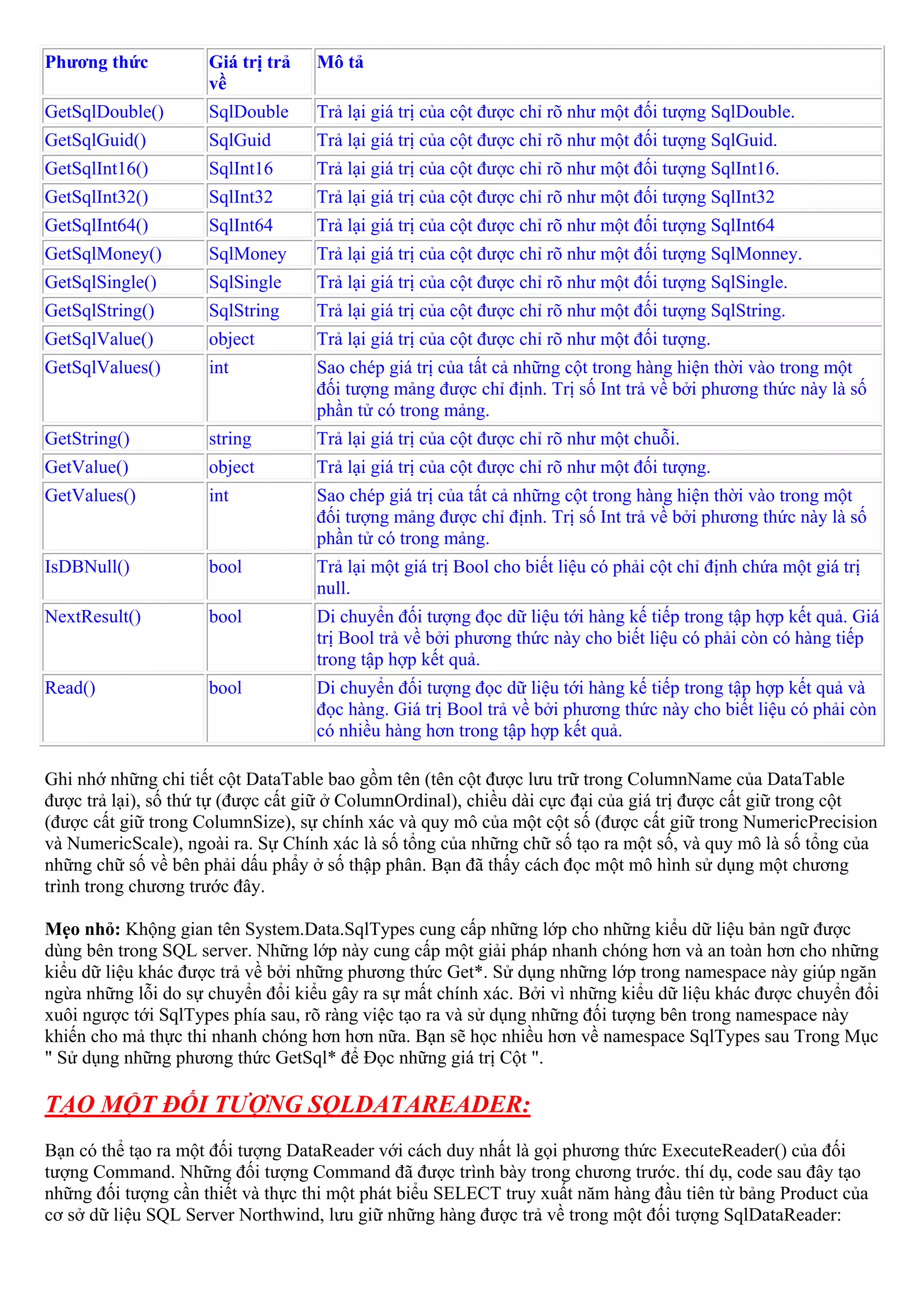 Phương thức          Giá trị trả   Mô tả
                     về
GetSqlDouble()       SqlDouble     Trả lại giá trị của cột được chỉ rõ như một đối tượng SqlDouble.
GetSqlGuid()         SqlGuid       Trả lại giá trị của cột được chỉ rõ như một đối tượng SqlGuid.
GetSqlInt16()        SqlInt16      Trả lại giá trị của cột được chỉ rõ như một đối tượng SqlInt16.
GetSqlInt32()        SqlInt32      Trả lại giá trị của cột được chỉ rõ như một đối tượng SqlInt32
GetSqlInt64()        SqlInt64      Trả lại giá trị của cột được chỉ rõ như một đối tượng SqlInt64
GetSqlMoney()        SqlMoney      Trả lại giá trị của cột được chỉ rõ như một đối tượng SqlMonney.
GetSqlSingle()       SqlSingle     Trả lại giá trị của cột được chỉ rõ như một đối tượng SqlSingle.
GetSqlString()       SqlString     Trả lại giá trị của cột được chỉ rõ như một đối tượng SqlString.
GetSqlValue()        object        Trả lại giá trị của cột được chỉ rõ như một đối tượng.
GetSqlValues()       int           Sao chép giá trị của tất cả những cột trong hàng hiện thời vào trong một
                                   đối tượng mảng được chỉ định. Trị số Int trả về bởi phương thức này là số
                                   phần tử có trong mảng.
GetString()          string        Trả lại giá trị của cột được chỉ rõ như một chuỗi.
GetValue()           object        Trả lại giá trị của cột được chỉ rõ như một đối tượng.
GetValues()          int           Sao chép giá trị của tất cả những cột trong hàng hiện thời vào trong một
                                   đối tượng mảng được chỉ định. Trị số Int trả về bởi phương thức này là số
                                   phần tử có trong mảng.
IsDBNull()           bool          Trả lại một giá trị Bool cho biết liệu có phải cột chỉ định chứa một giá trị
                                   null.
NextResult()         bool          Di chuyển đối tượng đọc dữ liệu tới hàng kế tiếp trong tập hợp kết quả. Giá
                                   trị Bool trả về bởi phương thức này cho biết liệu có phải còn có hàng tiếp
                                   trong tập hợp kết quả.
Read()               bool          Di chuyển đối tượng đọc dữ liệu tới hàng kế tiếp trong tập hợp kết quả và
                                   đọc hàng. Giá trị Bool trả về bởi phương thức này cho biết liệu có phải còn
                                   có nhiều hàng hơn trong tập hợp kết quả.

Ghi nhớ những chi tiết cột DataTable bao gồm tên (tên cột được lưu trữ trong ColumnName của DataTable
được trả lại), số thứ tự (được cất giữ ở ColumnOrdinal), chiều dài cực đại của giá trị được cất giữ trong cột
(được cất giữ trong ColumnSize), sự chính xác và quy mô của một cột số (được cất giữ trong NumericPrecision
và NumericScale), ngoài ra. Sự Chính xác là số tổng của những chữ số tạo ra một số, và quy mô là số tổng của
những chữ số về bên phải dấu phẩy ở số thập phân. Bạn đã thấy cách đọc một mô hình sử dụng một chương
trình trong chương trước đây.

Mẹo nhỏ: Khộng gian tên System.Data.SqlTypes cung cấp những lớp cho những kiểu dữ liệu bản ngữ được
dùng bên trong SQL server. Những lớp này cung cấp một giải pháp nhanh chóng hơn và an toàn hơn cho những
kiểu dữ liệu khác được trả về bởi những phương thức Get*. Sử dụng những lớp trong namespace này giúp ngăn
ngừa những lỗi do sự chuyển đổi kiểu gây ra sự mất chính xác. Bởi vì những kiểu dữ liệu khác được chuyển đổi
xuôi ngược tới SqlTypes phía sau, rõ ràng việc tạo ra và sử dụng những đối tượng bên trong namespace này
khiến cho mả thực thi nhanh chóng hơn hơn nữa. Bạn sẽ học nhiều hơn về namespace SqlTypes sau Trong Mục
" Sử dụng những phương thức GetSql* để Đọc những giá trị Cột ".

TẠO MỘT ĐỐI TƯỢNG SQLDATAREADER:
Bạn có thể tạo ra một đối tượng DataReader với cách duy nhất là gọi phương thức ExecuteReader() của đối
tượng Command. Những đối tượng Command đã được trình bày trong chương trước. thí dụ, code sau đây tạo
những đối tượng cần thiết và thực thi một phát biểu SELECT truy xuất năm hàng đầu tiên từ bảng Product của
cơ sở dữ liệu SQL Server Northwind, lưu giữ những hàng được trả về trong một đối tượng SqlDataReader:
 