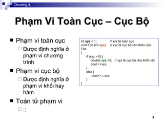Phạm Vi Toàn Cục – Cục Bộ Phạm vi toàn cục Được định nghĩa ở phạm vi chương trình Phạm vi cục bộ Được định nghĩa ở phạm vi khối hay hàm Toán tử phạm vi :: int  xyz  = 1;   // xyz là toàn cục void Foo (int  xyz )  // xyz là cục bộ cho thân của Foo { if (xyz > 0) { double  xyz  =2;  // xyz là cục bộ cho khối này cout <<xyz; } else { cout<<  :: xyz; }  } Chương 4 