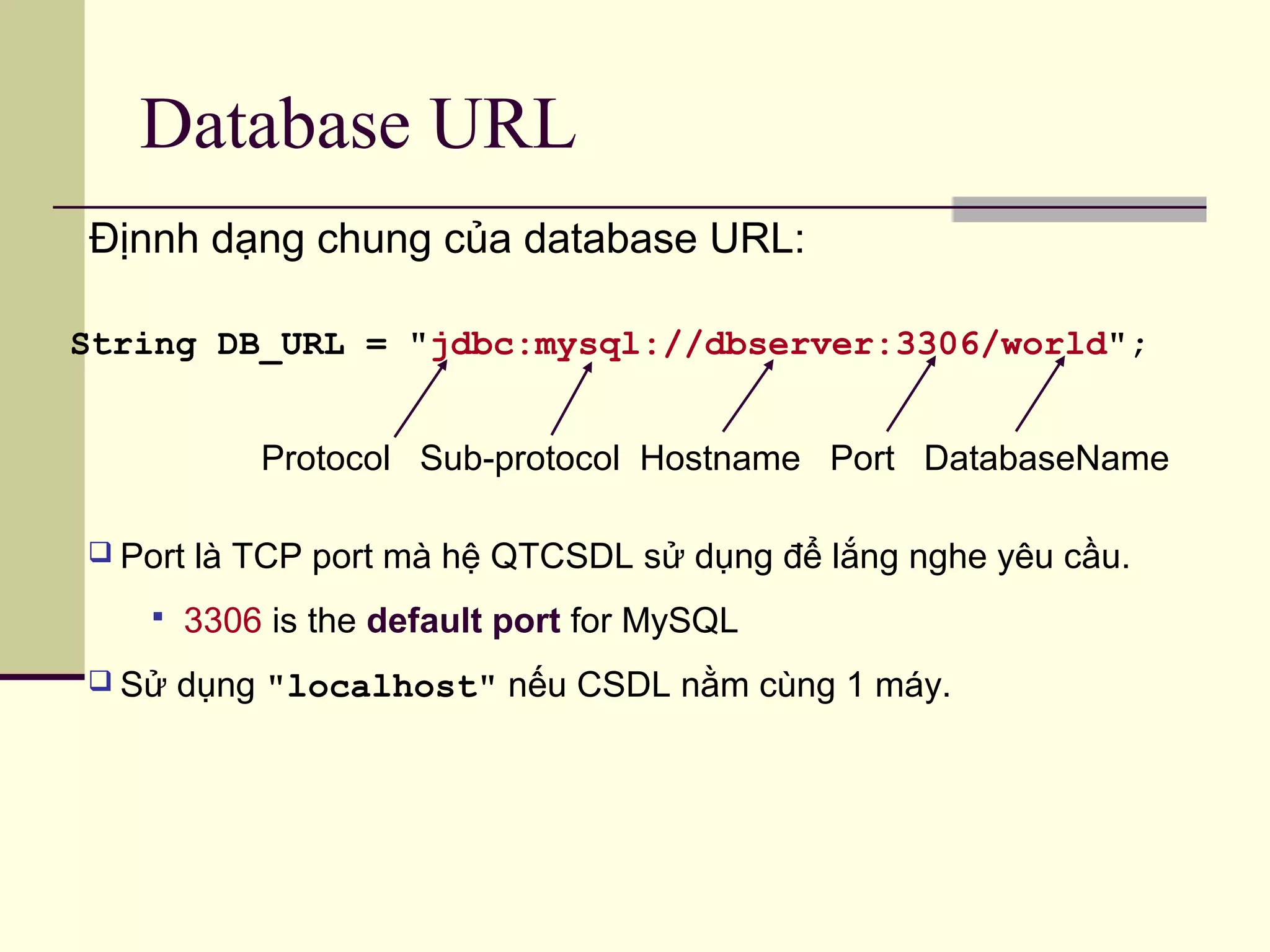 Database URL
String DB_URL = "jdbc:mysql://dbserver:3306/world";
Địnnh dạng chung của database URL:
Protocol Sub-protocol Hostname Port DatabaseName
 Port là TCP port mà hệ QTCSDL sử dụng để lắng nghe yêu cầu.
 3306 is the default port for MySQL
 Sử dụng "localhost" nếu CSDL nằm cùng 1 máy.
 