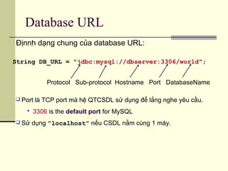 Database URL
String DB_URL = "jdbc:mysql://dbserver:3306/world";
Địnnh dạng chung của database URL:
Protocol Sub-protocol Hostname Port DatabaseName
 Port là TCP port mà hệ QTCSDL sử dụng để lắng nghe yêu cầu.
 3306 is the default port for MySQL
 Sử dụng "localhost" nếu CSDL nằm cùng 1 máy.
 
