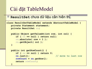 Cài đặt TableModel
 ResultSet chưa dữ liệu cần hiển thị.
class ResultSetTableModel extends AbstractTableModel {
private Statement statement;
private ResultSet rs;
public Object getValueAt(int row, int col) {
if ( rs == null ) return null;
rs.absolute( row + 1 );
rs.getObject( col );
}
public int getRowCount() {
if ( rs == null ) return 0;
rs.last(); // move to last row
rowCount = rs.getRow();
return rowCount;
}
 