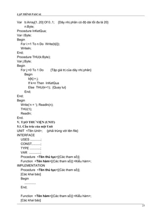 LẬP TRÌNH PASCAL
Var b:Array[1..20] Of 0..1; {Dãy nhị phân có độ dài tối đa là 20}
n:Byte;
Procedure InKetQua;
Var i:Byte;
Begin
For i:=1 To n Do Write(b[i]);
Writeln;
End;
Procedure THU(k:Byte);
Var j:Byte;
Begin
For j:=0 To 1 Do {Tập giá trị của dãy nhị phân}
Begin
b[k]:= j;
If k=n Then InKetQua
Else THU(k+1); {Quay lui}
End;
End;
Begin
Write(‘n = ‘); Readln(n);
THU(1);
Readln;
End.
V. TẠO THƯ VIỆN (UNIT)
5.1. Cấu trúc của một Unit
UNIT <Tên Unit>; {phải trùng với tên file}
INTERFACE
USES ............;
CONST..........;
TYPE ............;
VAR .............;
Procedure <Tên thủ tục>[(Các tham số)];
Function <Tên hàm>[(Các tham số)]:<Kiểu hàm>;
IMPLEMENTATION
Procedure <Tên thủ tục>[(Các tham số)];
[Các khai báo]
Begin
.............
End;
Function <Tên hàm>[(Các tham số)]:<Kiểu hàm>;
[Các khai báo]
25
 