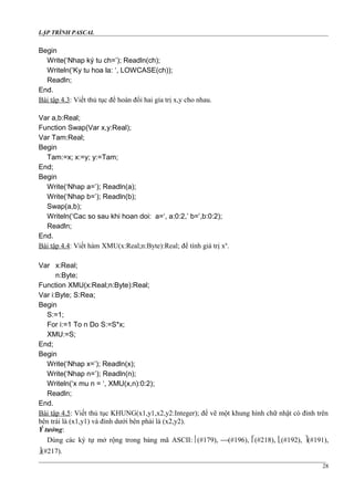 LẬP TRÌNH PASCAL
Begin
Write(‘Nhap ký tu ch=’); Readln(ch);
Writeln(‘Ky tu hoa la: ‘, LOWCASE(ch));
Readln;
End.
Bài tập 4.3: Viết thủ tục để hoán đổi hai gía trị x,y cho nhau.
Var a,b:Real;
Function Swap(Var x,y:Real);
Var Tam:Real;
Begin
Tam:=x; x:=y; y:=Tam;
End;
Begin
Write(‘Nhap a=’); Readln(a);
Write(‘Nhap b=’); Readln(b);
Swap(a,b);
Writeln(‘Cac so sau khi hoan doi: a=‘, a:0:2,’ b=’,b:0:2);
Readln;
End.
Bài tập 4.4: Viết hàm XMU(x:Real;n:Byte):Real; để tính giá trị xn
.
Var x:Real;
n:Byte;
Function XMU(x:Real;n:Byte):Real;
Var i:Byte; S:Rea;
Begin
S:=1;
For i:=1 To n Do S:=S*x;
XMU:=S;
End;
Begin
Write(‘Nhap x=’); Readln(x);
Write(‘Nhap n=’); Readln(n);
Writeln(‘x mu n = ‘, XMU(x,n):0:2);
Readln;
End.
Bài tập 4.5: Viết thủ tục KHUNG(x1,y1,x2,y2:Integer); để vẽ một khung hình chữ nhật có đỉnh trên
bên trái là (x1,y1) và đỉnh dưới bên phải là (x2,y2).
Ý tưởng:
Dùng các ký tự mở rộng trong bảng mã ASCII:(#179), (#196), (#218), (#192), (#191),
(#217).
28
 
